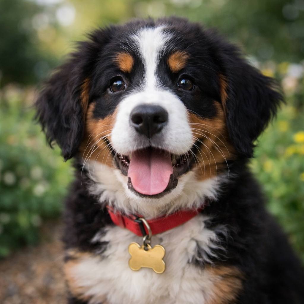 Cucciolo bovaro del bernese con collare rosso
